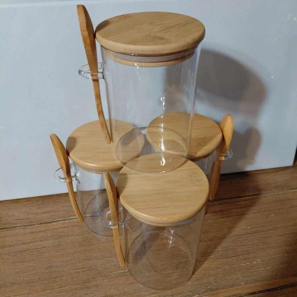 4-Piece Glass Spice & Coffee Canister Set with Bamboo Lids & Wooden Spoons
